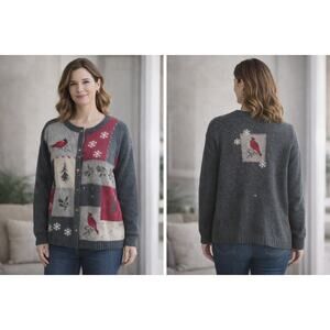 Vintage 90s Croft Barrow Patchwork Cardinal Bird Sweater Ramie Silk Knit Granny